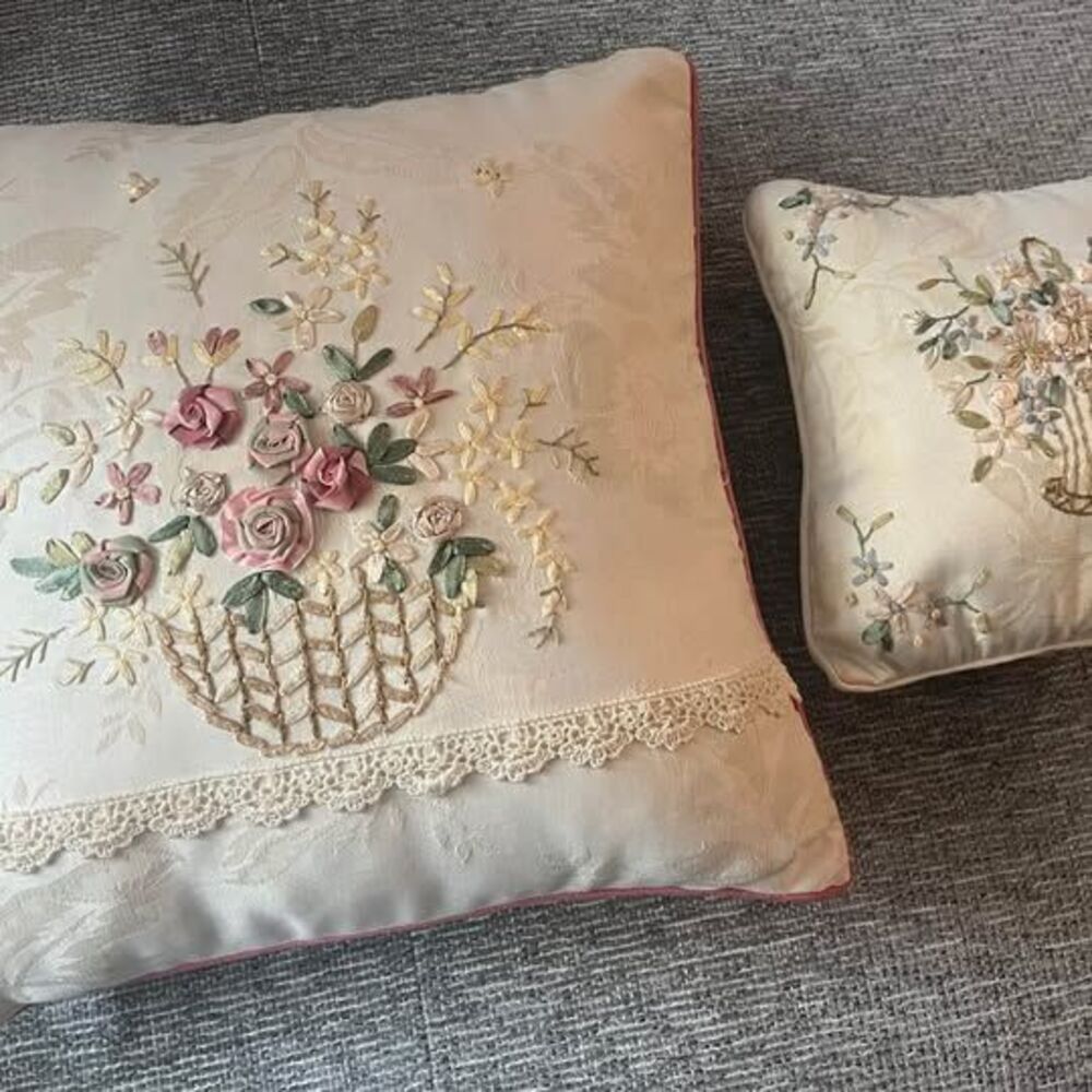 Vintage Cottage-Core Ribbon Embroidered Floral Basket Throw Pillows - Set of 2